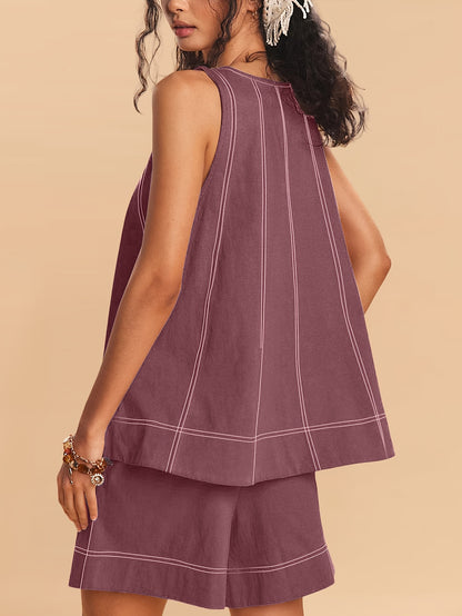 Womens 2pcs Outfits Sleeveless Matching Sets A Line Tank Tops Contrast Stitching High Waist Shorts with Pockets