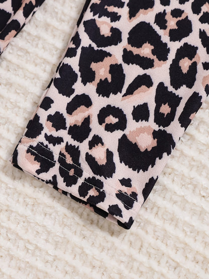 2pcs Young Girl Clothing Long Sleeve Khaki Sweatshirt Casual Set with Leopard Print Trousers Top, for Outdoor