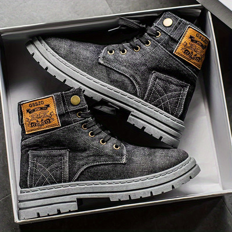 Retro-Style High-Top Sneakers - Casual Canvas Boots Featuring Lace-Up Design, Round Toe, And Beige Laces, Comfortable for All Seasons for Outdoor And Everyday Use, Outdoor Shoes | Retro Sneakers | Sturdy Footwear