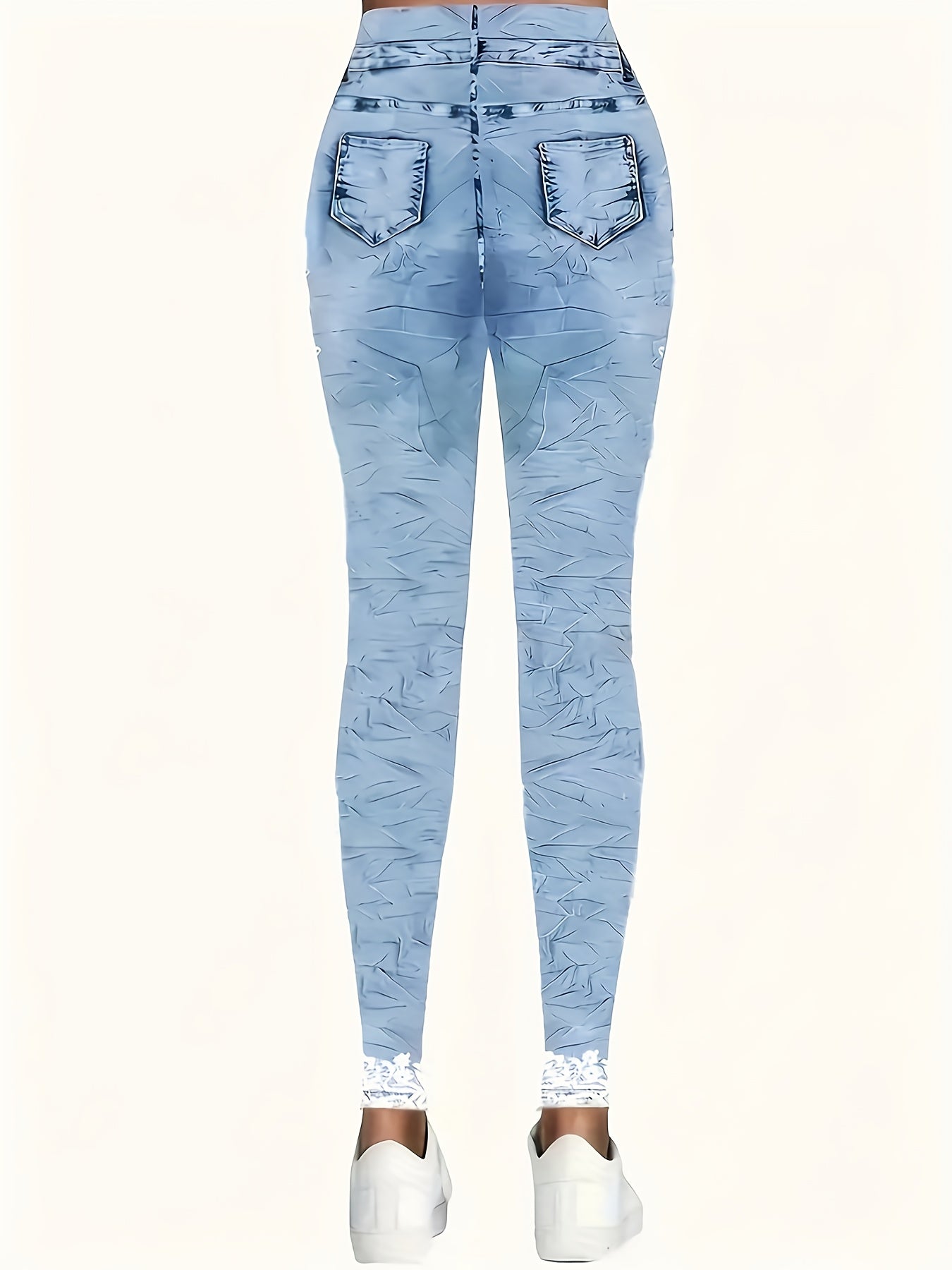 [Printed Pants - Not Denim Fabric] Ladies' Elastic Butterfly Print Leggings - Imitation Denim Elastic Fabric, Fake Pockets, All-season Comfort, Machine Washable, Suitable for Casual And Vacation Wear.