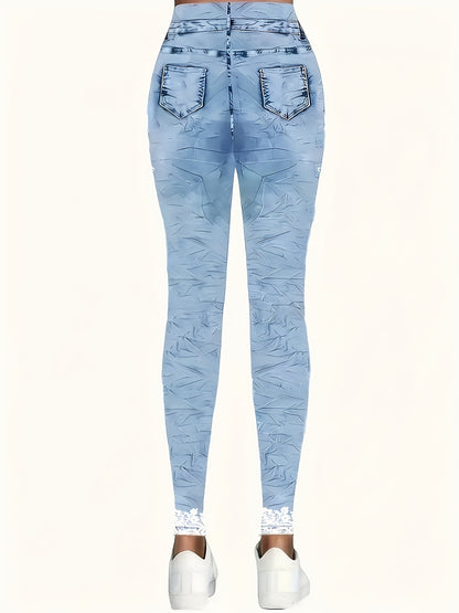 [Printed Pants - Not Denim Fabric] Ladies' Elastic Butterfly Print Leggings - Imitation Denim Elastic Fabric, Fake Pockets, All-season Comfort, Machine Washable, Suitable for Casual And Vacation Wear.