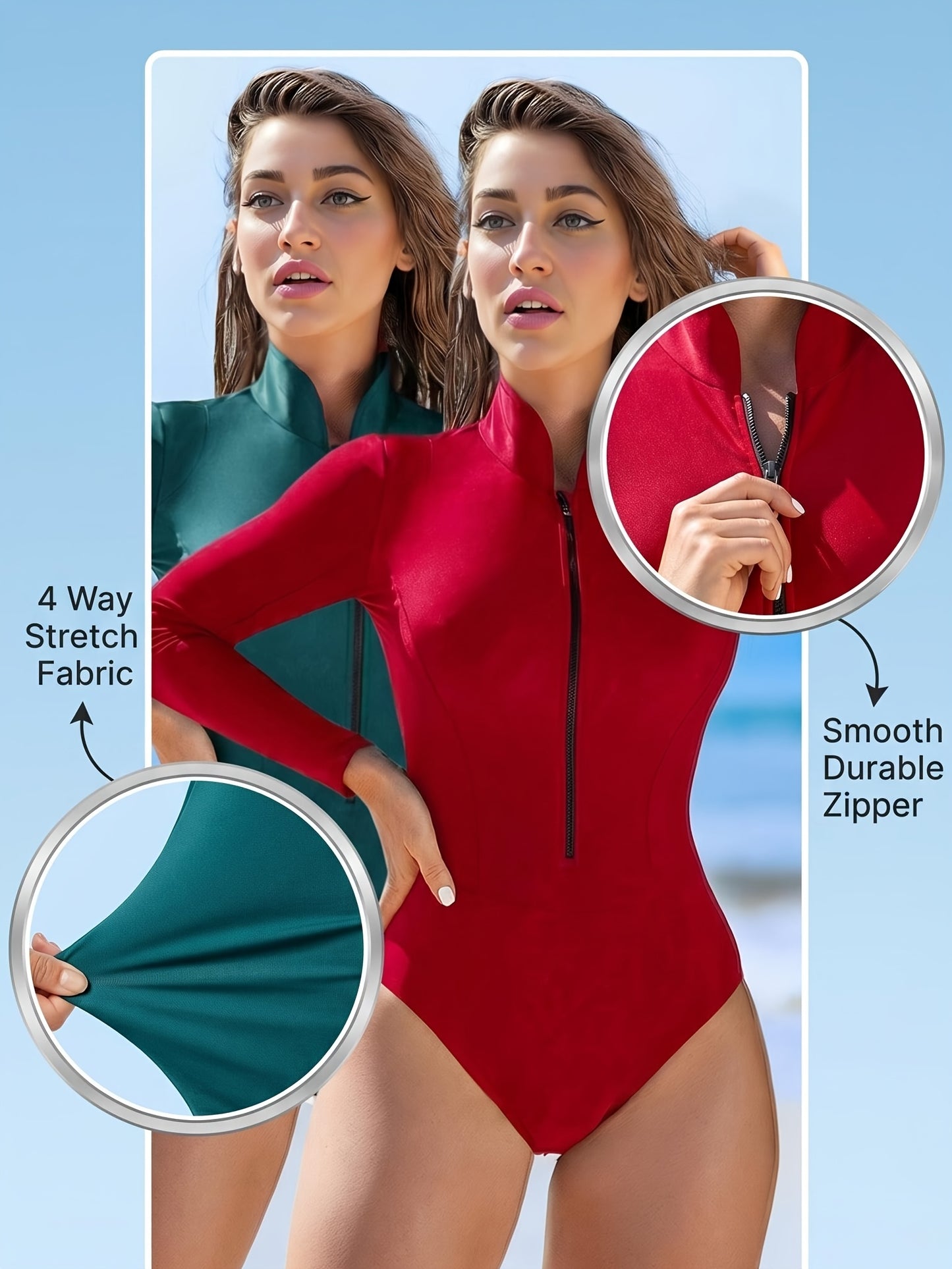 Women'S Long Sleeve Rash Guard Bathing Suit Zip Up One Piece Swimsuits Modest Surfing Swimwear