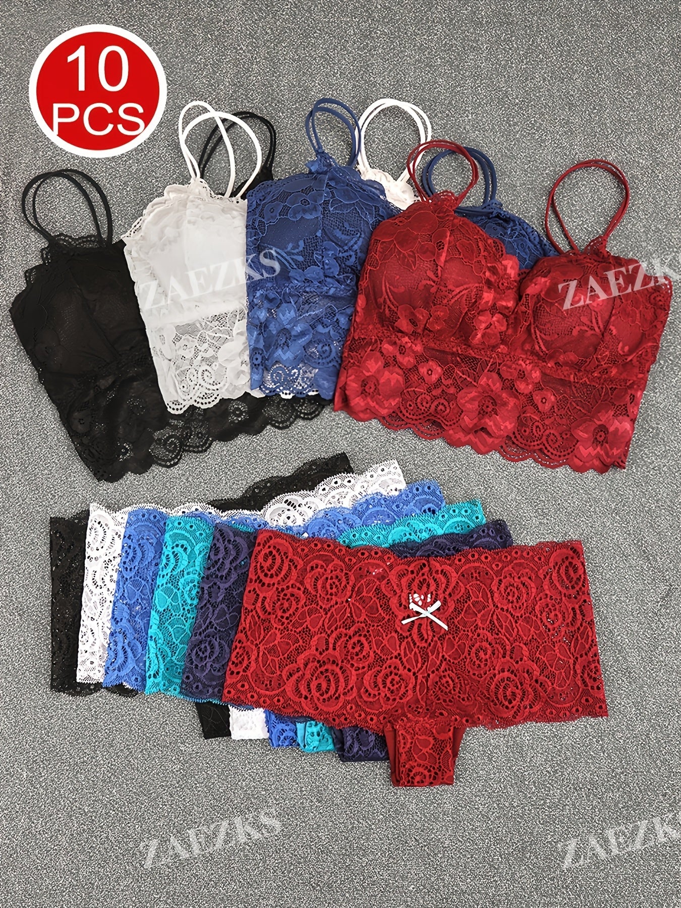 10pcs Of Women'S Underwear And Panties Combination Set Without Steel Rims, Comfortable Daily Exquisite Lace Bra Base, Beautiful Back, Seamless Suspender With Chest Cushion, Detachable Bra, Lace Underwear, Women'S Underwear And Panties