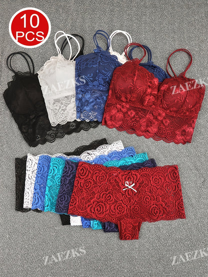 10pcs Of Women'S Underwear And Panties Combination Set Without Steel Rims, Comfortable Daily Exquisite Lace Bra Base, Beautiful Back, Seamless Suspender With Chest Cushion, Detachable Bra, Lace Underwear, Women'S Underwear And Panties