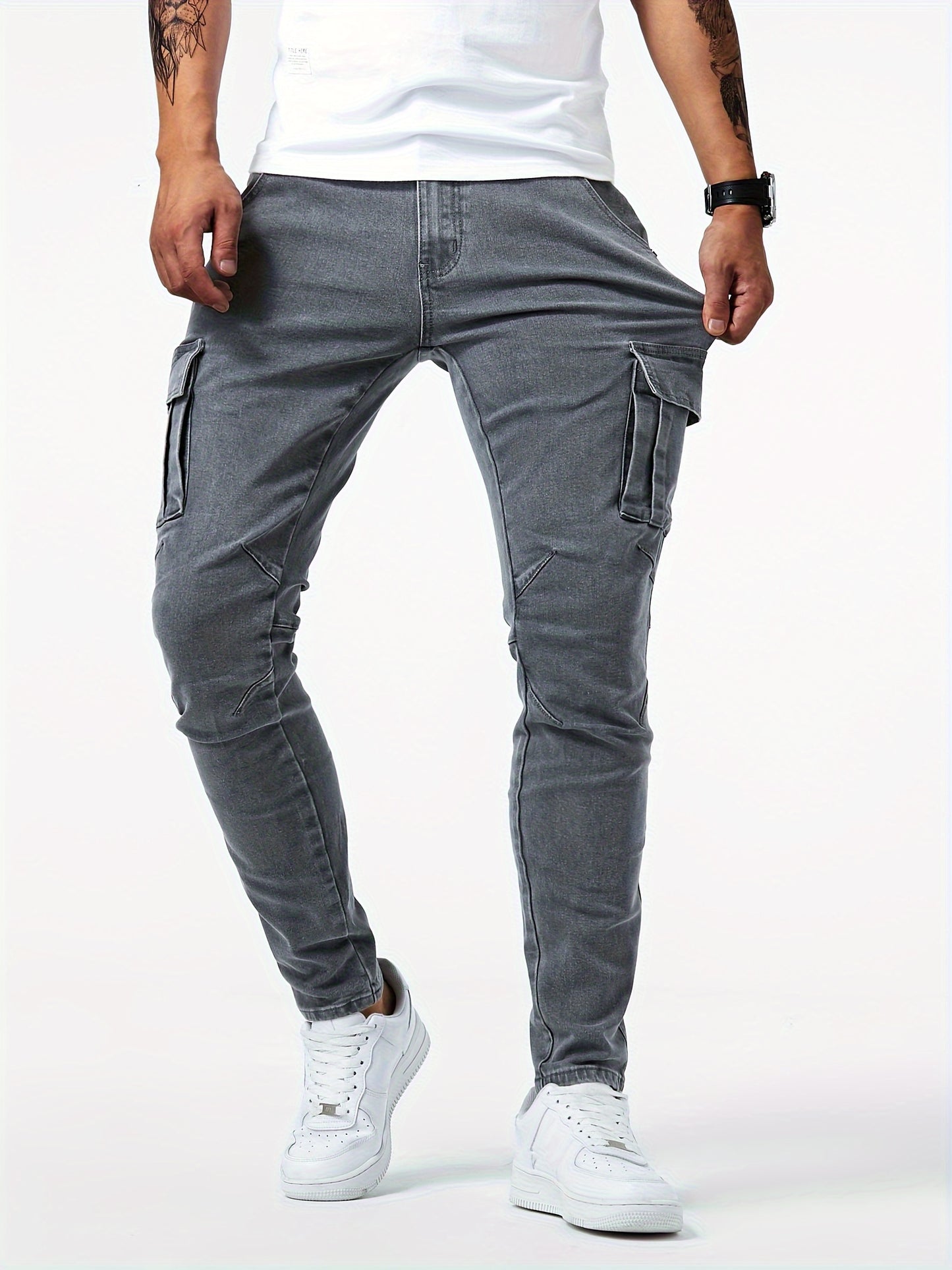 Slim Fit Multi Pocket Jeans, Men's Casual Street Style High Stretch Denim Pants for All Seasons Outdoor