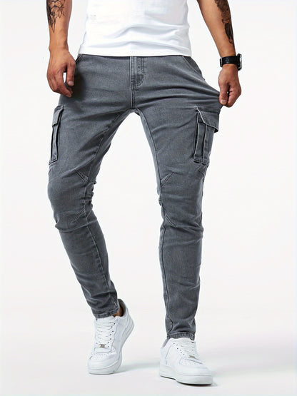 Slim Fit Multi Pocket Jeans, Men's Casual Street Style High Stretch Denim Pants for All Seasons Outdoor
