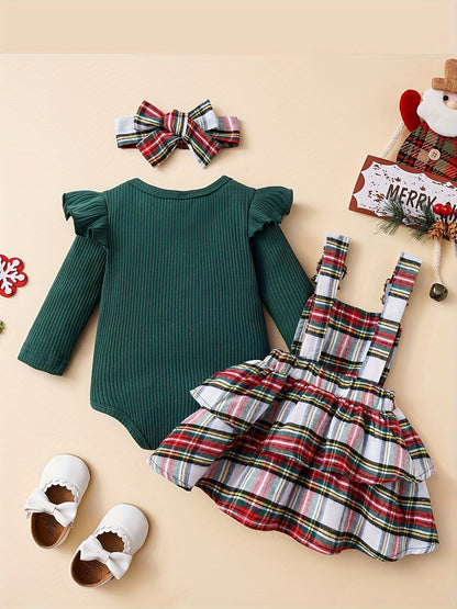 Baby Autumn And Winter Clothing Set Baby Girls 0-18 Months Romper And Plaid Strap Skirt And Headband, for Outdoor