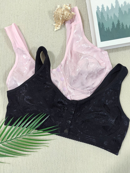 2-Pack Valentine'S Day Special Women'S Sexy Floral Lace Front Closure Bras - No Padding Thin Support Wire-Free Comfort Bras for Casual Attire, Black & Pink, Hand Wash Solely