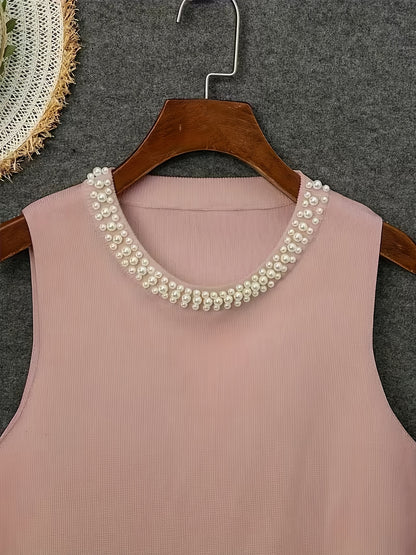 [Plus Size Tank Top] Plus Size - Ladies' Spring/Summer Fashion Nail Bead Solid Color Sleeveless Tank Top Elegant Breathable Large Top