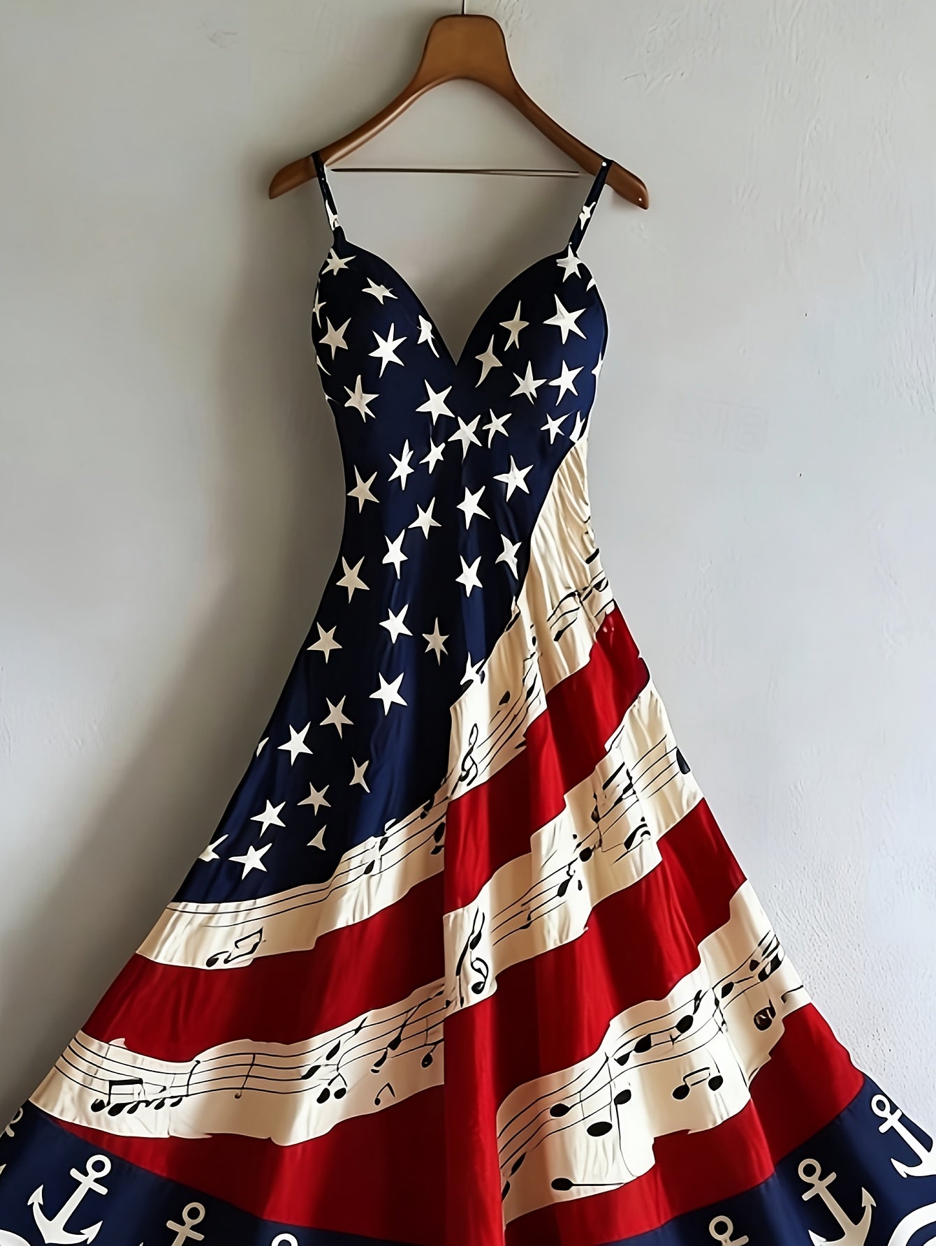 Women's Patriotic Maxi Dress - A-Line Silhouette, Suitable for Vacation, Leisure & Beach Outings, Loose Fit, National Flag Pattern, Sleeveless, V-Neck, Red National Flag Design with Built-In Cups