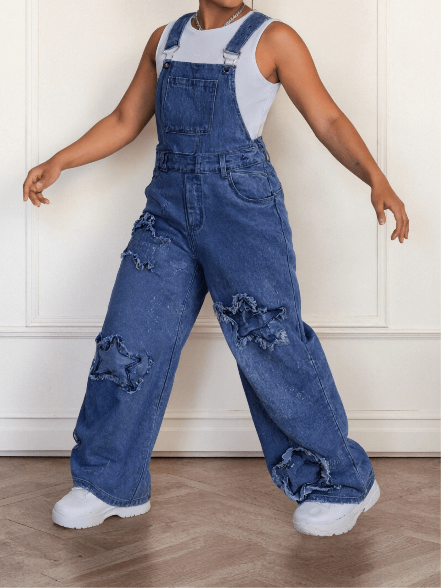 Teen Girls' Wide-Leg Denim Overalls with Star Embroidery Everyday Outfits - Machine Washable Teen Loose Fit Long Denim Machine Washable All-Season Casual Jeans for Teens Durable Fabric, for Outdoor