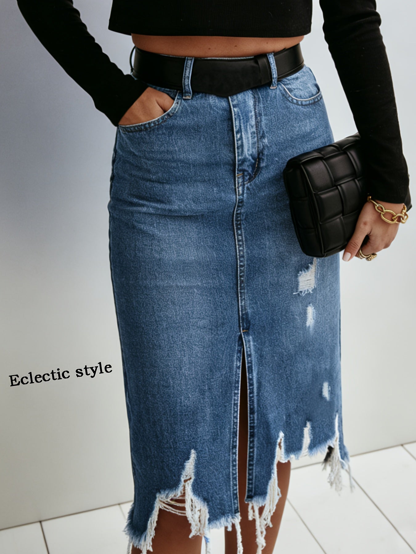 IXBGG 2026 Women's High-Waist Distressed Denim Skirt - Stretch Washed Fringe Hem Asymmetrical Ripped Midi Skirt, Beltless Soft Fringe Suitable for Office, Vacation, Home Wear, Machine Washable for the (No Belt Included)