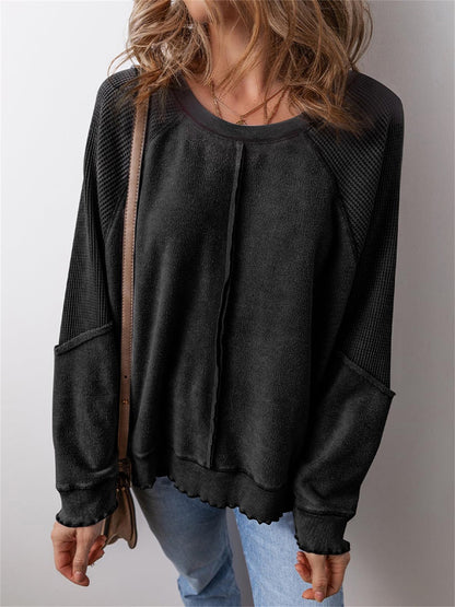 Women's Waffle Pattern Loose Splicing Long Sleeve Early Spring Street Fashion Style