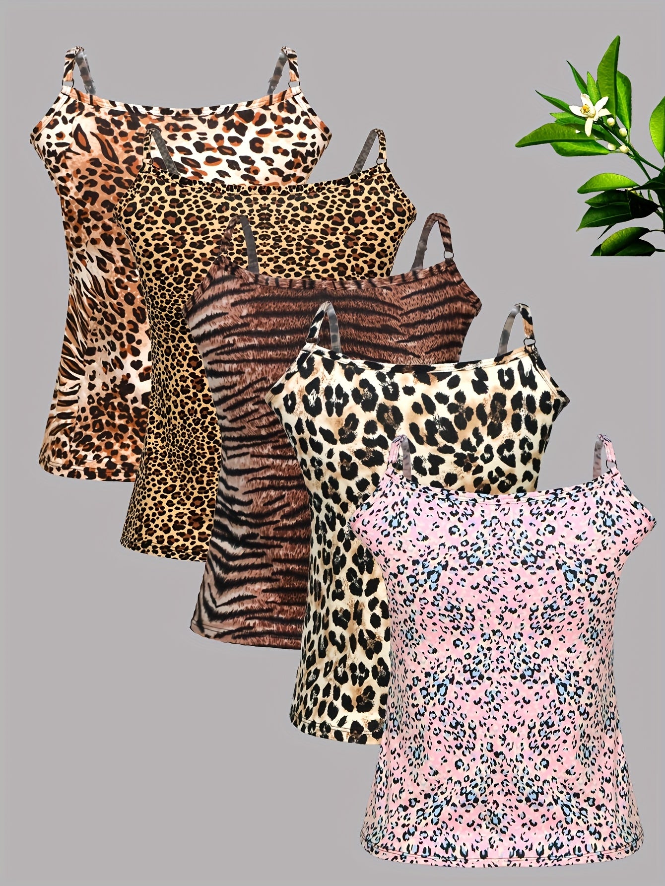 5pcs Set Of Summer Sexy Leopard Print Camisoles for Outerwear And Innerwear, Top And Base Shirt