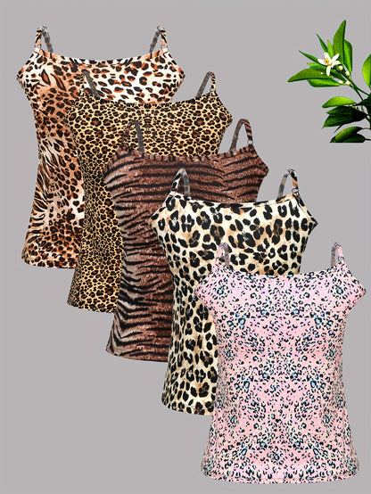 5pcs Set Of Summer Sexy Leopard Print Camisoles for Outerwear And Innerwear, Top And Base Shirt