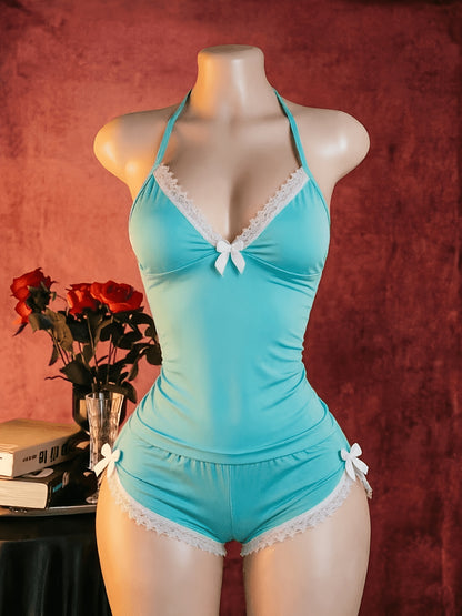 New Arrival Lingerie Seductive Halter Ruffle Sexy 2pcs Pajama Set, Women's Cami & Shorts Loungewear