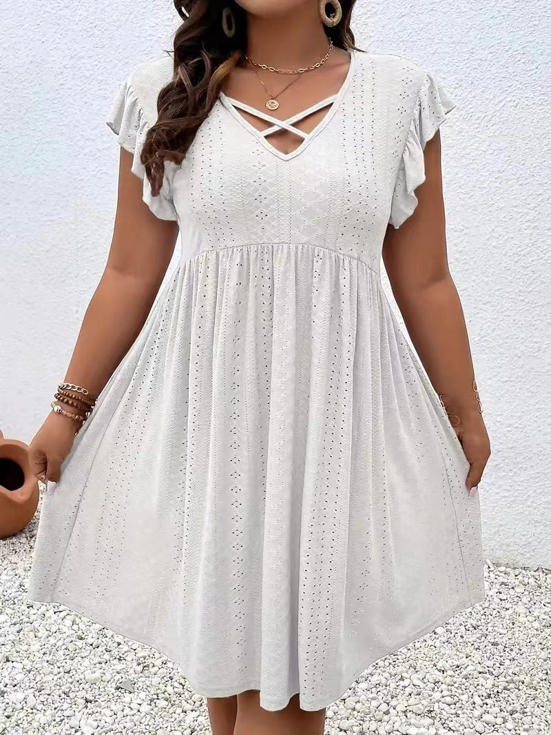 Plus Size - Summer Plus-Size Women'S Hollow-Out Embroidered Dress - Cross V-Neck with Ruffled Short Sleeves And a Flared Skirt, Made of Lightweight Breathable Fabric, Available in Sizes L-5XL, Suitable for Beach Or Casual Wear
