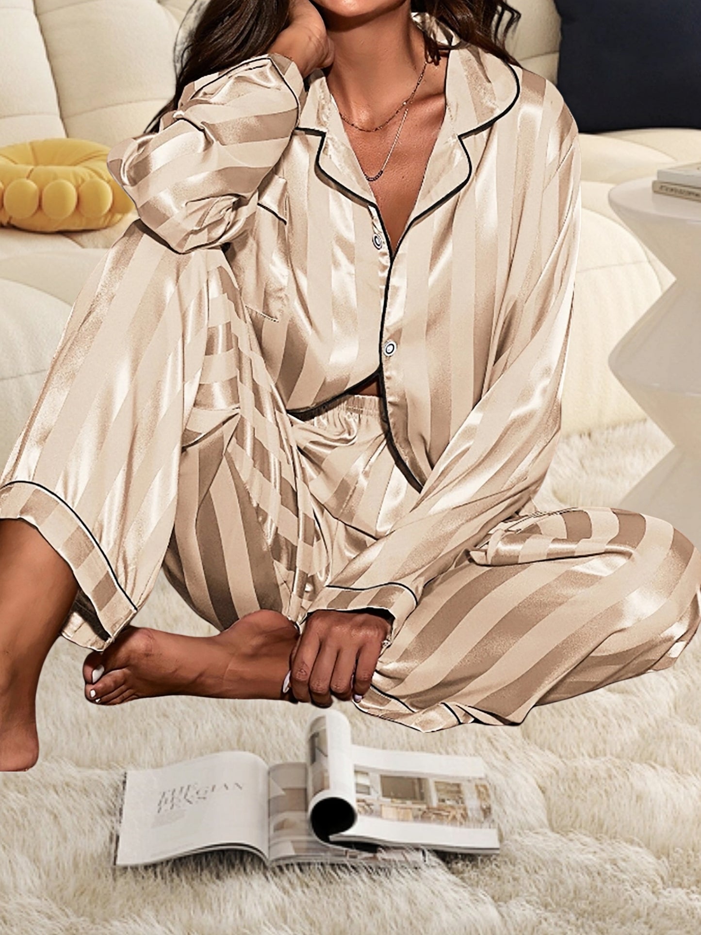 Women's Satin Pajama Set, Long Sleeve Button Lapel Top And Elastic Pants, Women's Striped Pajamas