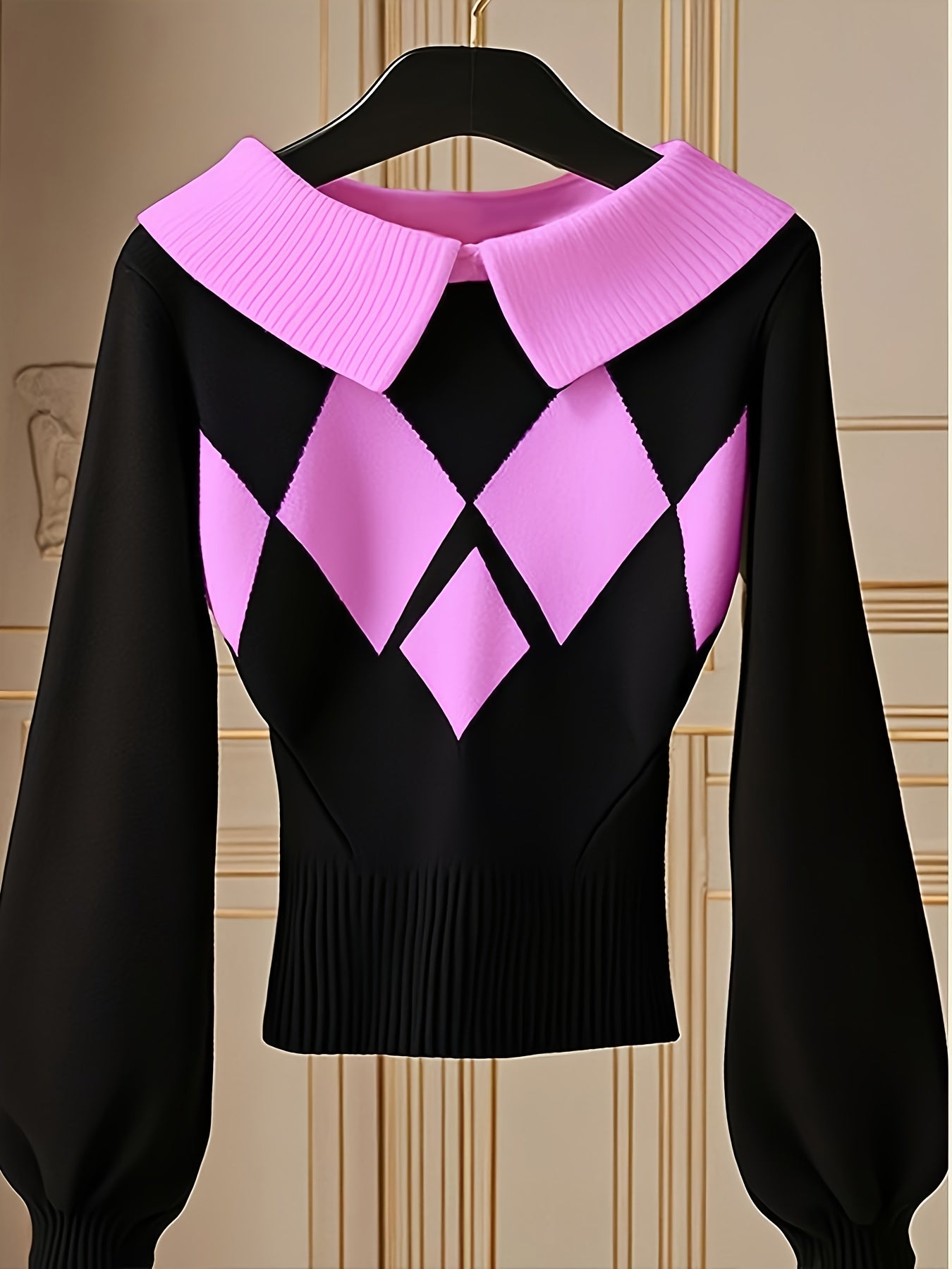 Women'S Elegant Sweater Lapel Diamond Plaid Knitwear Black And White Color Collision Long Sleeve Pullover Fashion Chic Lazy Wind Tops For Office, Party, Daily Wear - Fall And Winter Women'S Trend Tops
