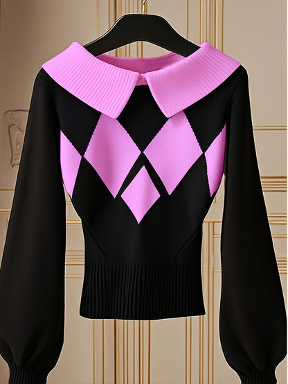 Women'S Elegant Sweater Lapel Diamond Plaid Knitwear Black And White Color Collision Long Sleeve Pullover Fashion Chic Lazy Wind Tops For Office, Party, Daily Wear - Fall And Winter Women'S Trend Tops