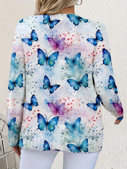 Plus Size, Butterfly Floral Women's Plus Size Pullover Fashionable Cardigan Button Sweater Round Neck Versatile Comfortable Fabric Three-dimensional Floral Print Casual Elegant Pullover Sweater Fresh Bohemian