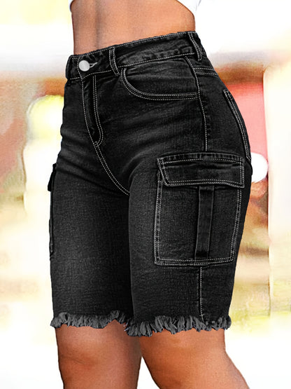 Large Size Imitation Old Blue Raw Edge Trouser Leg Tooling Flip Side Pocket Denim Cropped Pants Slim Retro Street Style High Waist Jeans Simple Fashion Spring And Summer Plus Size Denim Shorts