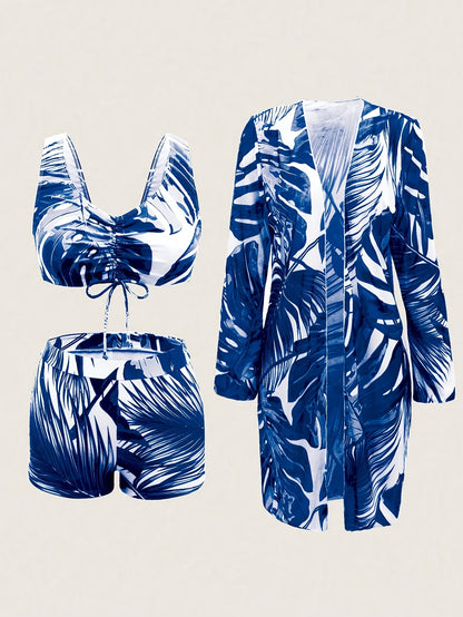 2025 New Clothing Three-Piece Suit Has Function, Blue with Blue And White Printed Outwear, Casual Swimming Clothing Three-Piece Suit