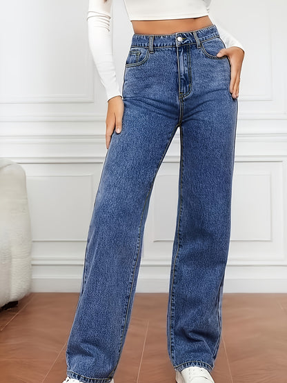 Light Blue Denim Zip Closure Straight Denim Trousers, High-waisted Street, Minimalist Design, Casual And Versatile, Loose Four-season Plus Size Jeans
