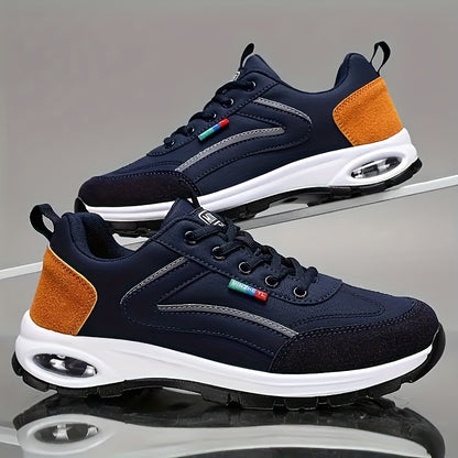 Men's Low-Top Sneakers - Breathable Fabric Lining And Cushioned Air Technology for Year-round Comfort, Navy Blue with Golden Accents - Spiderweb Running Shoes with Arch Support, Athletic Sneakers, Stylish Footwear, Comfortable Fit