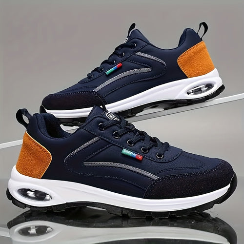 Men's Low-Top Sneakers - Breathable Fabric Lining And Cushioned Air Technology for Year-round Comfort, Navy Blue with Golden Accents - Spiderweb Running Shoes with Arch Support, Athletic Sneakers, Stylish Footwear, Comfortable Fit