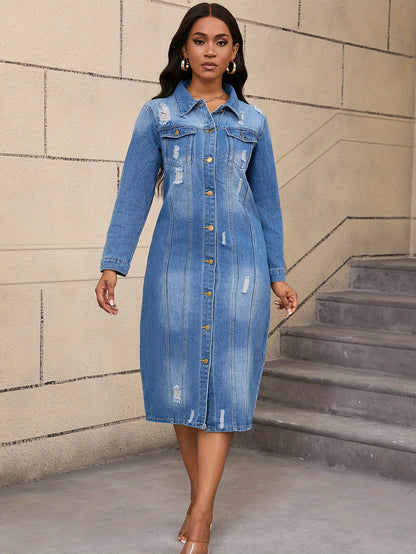 Long Denim Coat with Worn Holes Long Denim Trench Coat for Women