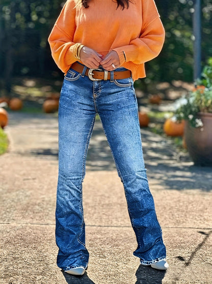 [HME] Autumn New Women'S Retro Jeans, Classic Five-Pocket Style, Retro Washed Classic Blue, Fashionable And Easy, Suitable for More Occasions. Mid-Waist Stretch Slim Straight-Leg Pants, Suitable for All Seasons, Essential for Daily Casual Wear