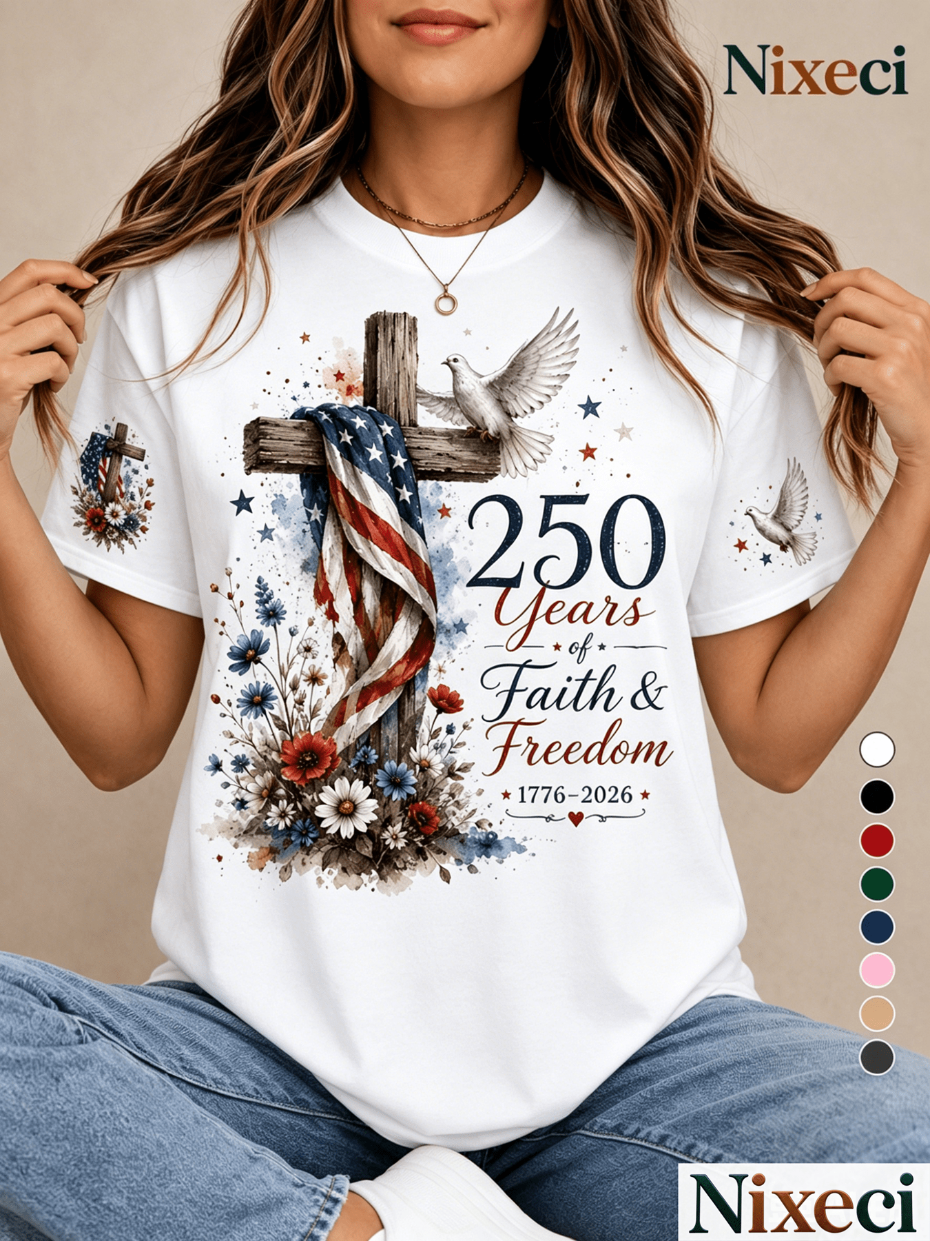 Women'S Fashion T-Shirt with Wooden Cross Flag Dove Flower And Star Print, Summer Casual Vacation Loose Fit Short Sleeve Top