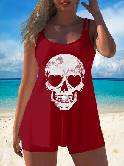 Adorable Skeleton-Themed Two-Piece Swimsuit for Women, Featuring a Stylish Black Design with a Conservative Double Shoulder Tankini Style, Perfect for a Laid-Back Halloween Look