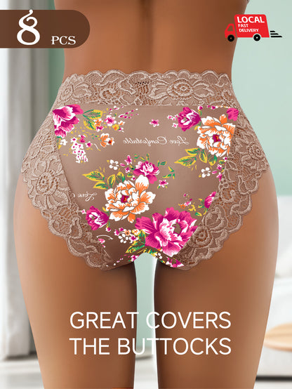 8-pack Floral Lace Women's Mid Waist Underwear with a Mid Waist Design That Fits the Body, Is Soft, Skin Friendly, Comfortable, Breathable, Triangular Underwear Suitable for Daily Wear and Dates