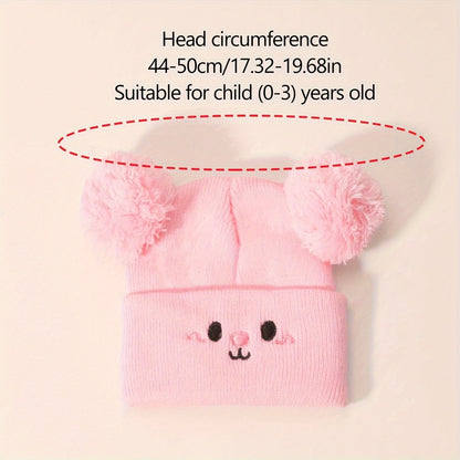 3pcs BBAHHAHAT Baby Knit Hats with Embroidered Faces & Pom-Poms - Stretchable Acrylic Breathable All-Season Infant Hats for Daily Casual Wear & Christmas, Anime-Themed (White), Festive Babywear, Cute Animal Face, Soft Texture, Embroidered Details