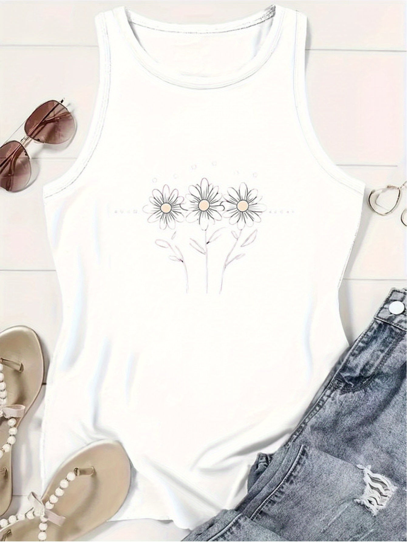 [Lightweight Summer Tops] Flower Pattern Print Crew-Neck Vest, Casual Sleeveless Women's Tops, Lightweight And Breathable, Suitable For Summer And Spring, Women's Clothing