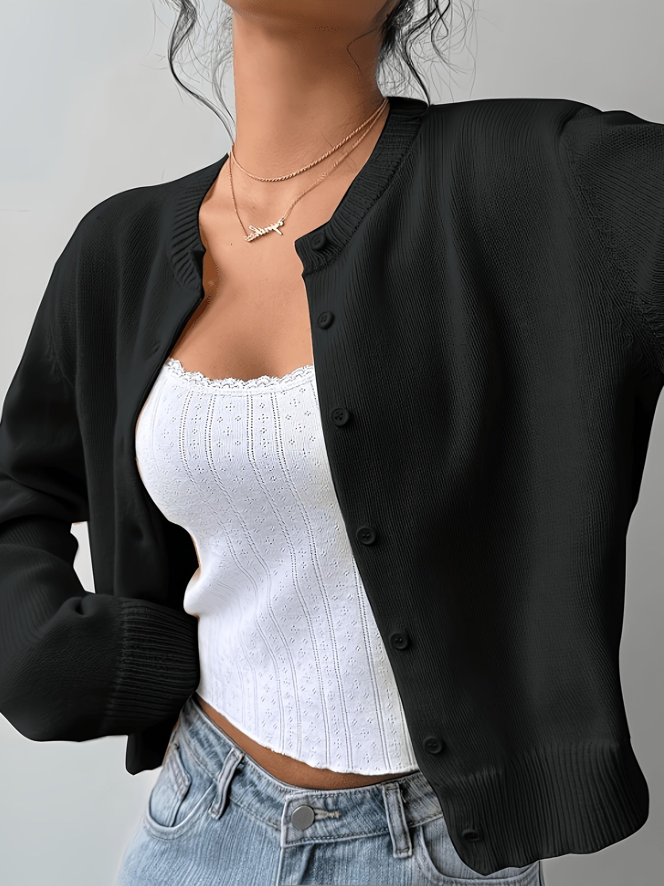 New Spring And Summer Fashionable Elegant Women's Stretch Button Cardigan - High-Elasticity Crew Neck Spring/Autumn Sweater, Hand Wash/Dry Clean Spring And Summer Apparel, Lightweight And Breathable Daily Commute, Sports And Leisure Top, Qqq