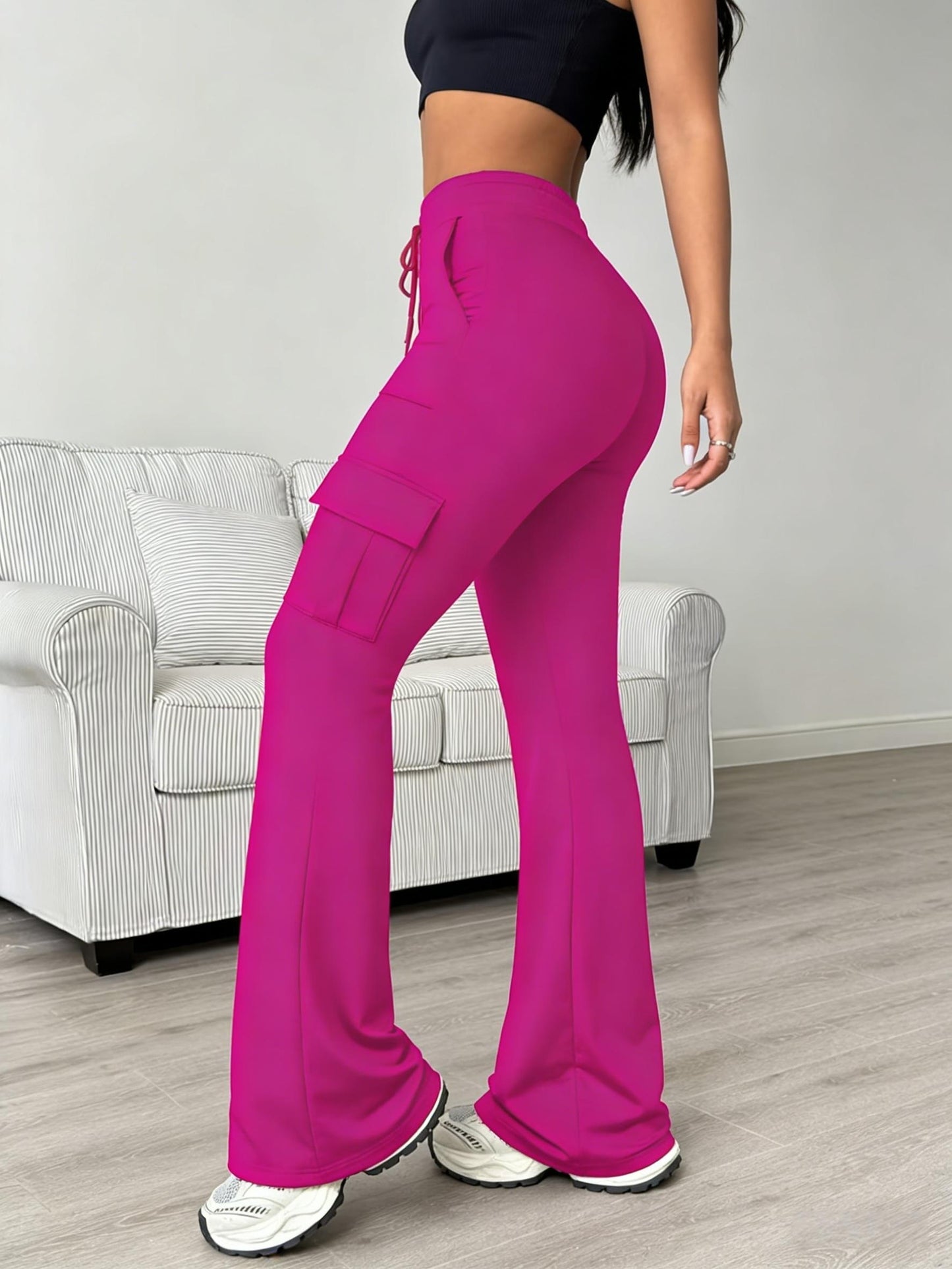 Women'S Solid Color Casual Drawstring Wide-Leg Sweatpants With Pockets, Elastic Waist Micro Flare Cargo Pants, Stretchy Pants For Daily Casual & Wear