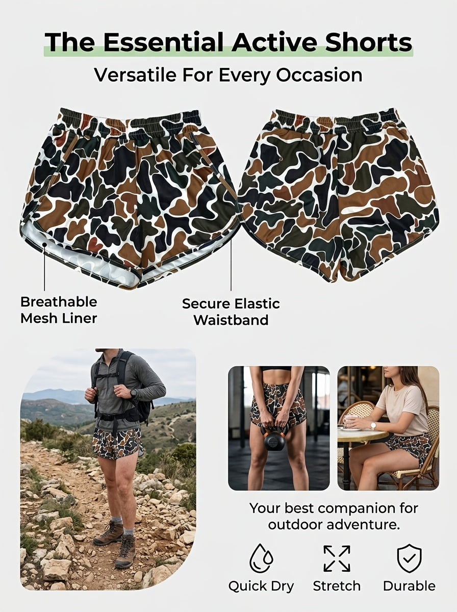 Camouflage Shorts - Green Brown Camo Elastic Waist with Drawstring, Durable Polyester Shorts Suitable for Park Strolling, Home & Outdoor Activities, Spring Summer Casual Wear, Camo Shorts for Everyday Use