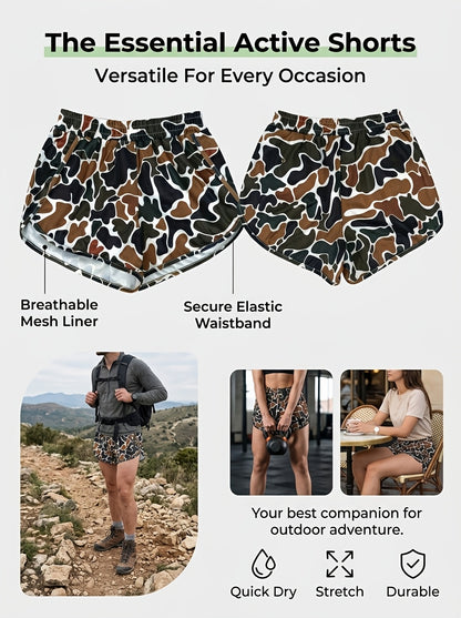 Camouflage Shorts - Green Brown Camo Elastic Waist with Drawstring, Durable Polyester Shorts Suitable for Park Strolling, Home & Outdoor Activities, Spring Summer Casual Wear, Camo Shorts for Everyday Use
