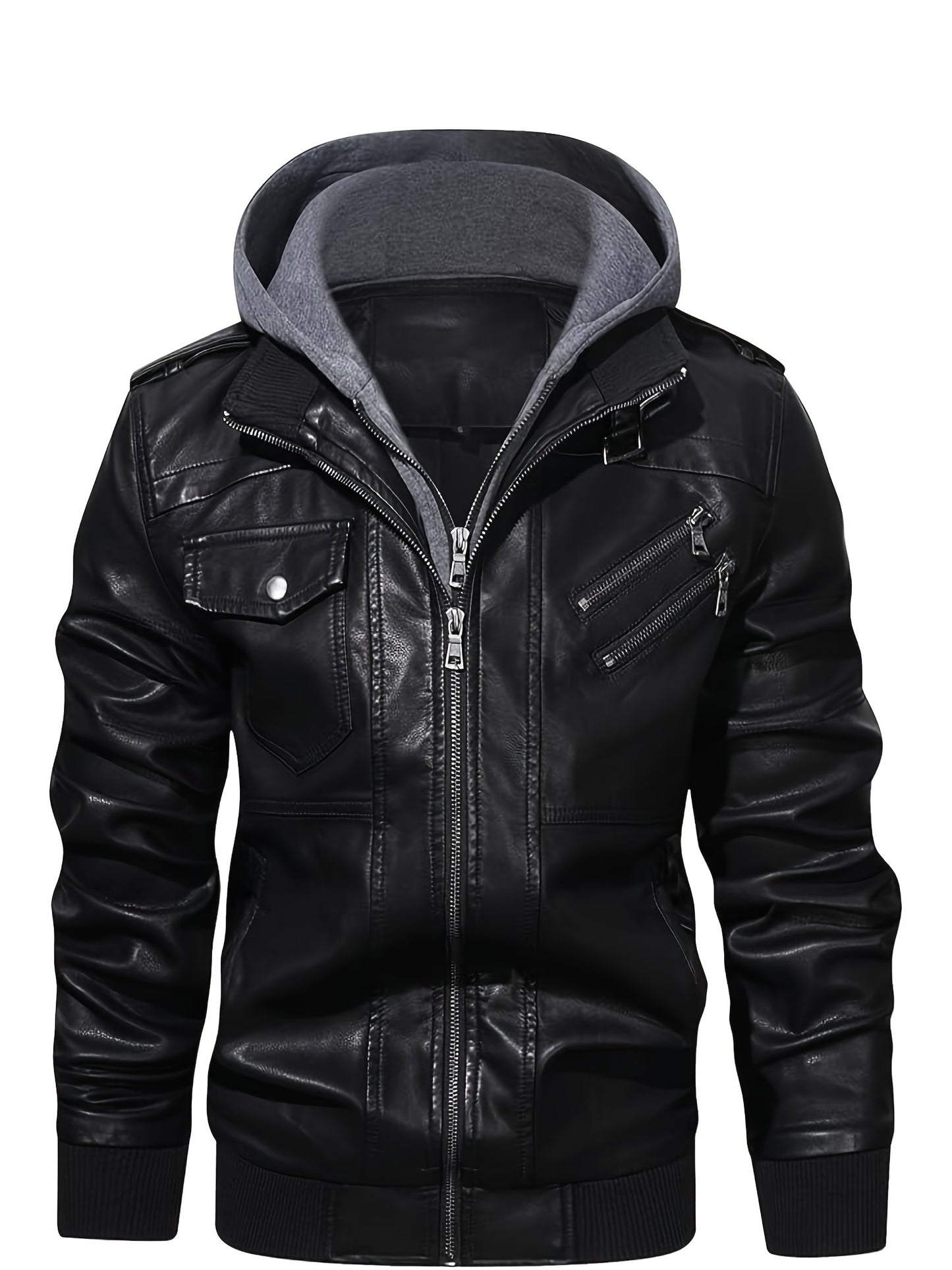 Men's PU Leather Jacket Motorcycle Jacket High Quality Windproof (Belt Included) PU Moto Vintage Bomber Hoodie with Removable Hood