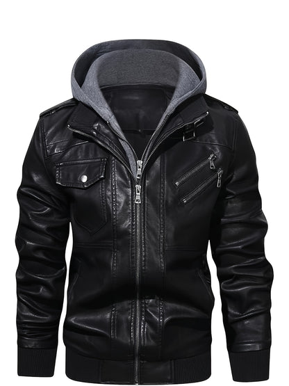 Men's PU Leather Jacket Motorcycle Jacket High Quality Windproof (Belt Included) PU Moto Vintage Bomber Hoodie with Removable Hood