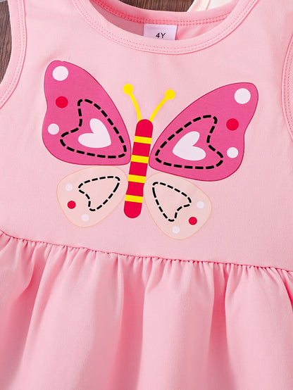 3pcs Cute Girls' Sleeveless Pink Dress Set with Butterfly And Heart Prints | Spring/Summer, Knitted Fabric, Regular Fit