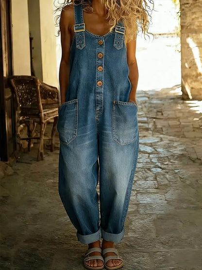 Plus Size, Items Run Small, Please Order According to Our Size Chart. Plus Size Women's Casual Loose Denim Overalls with Button Pockets, Denim Jumpsuit for Daily Wear.