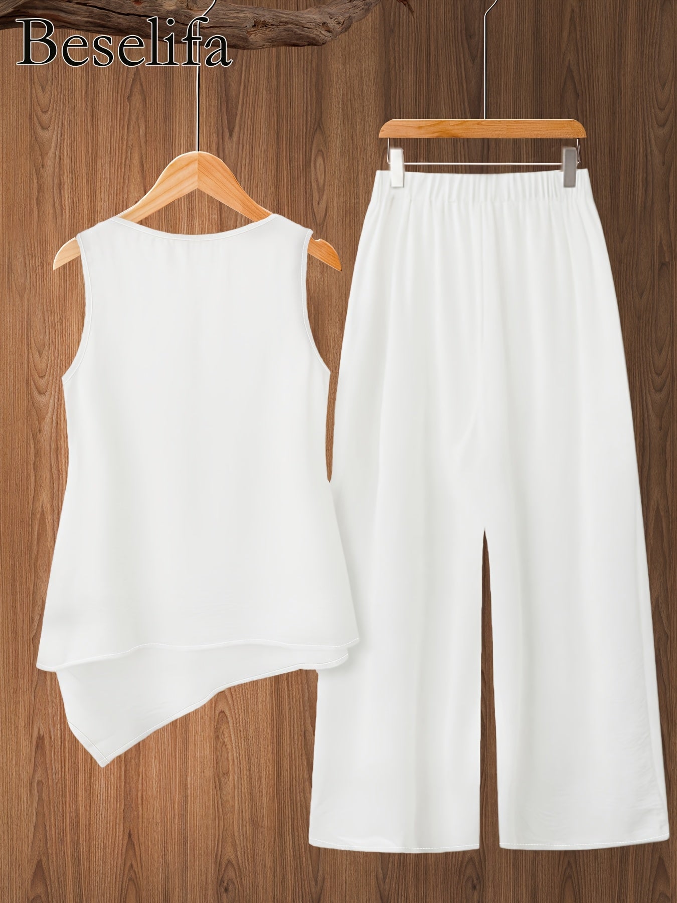 Spring and Summer Women's Casual Fashion Elegant Solid Color Round Neck Sleeveless Top Shirt and Pants 2pcs Set, for Outings and Vacations