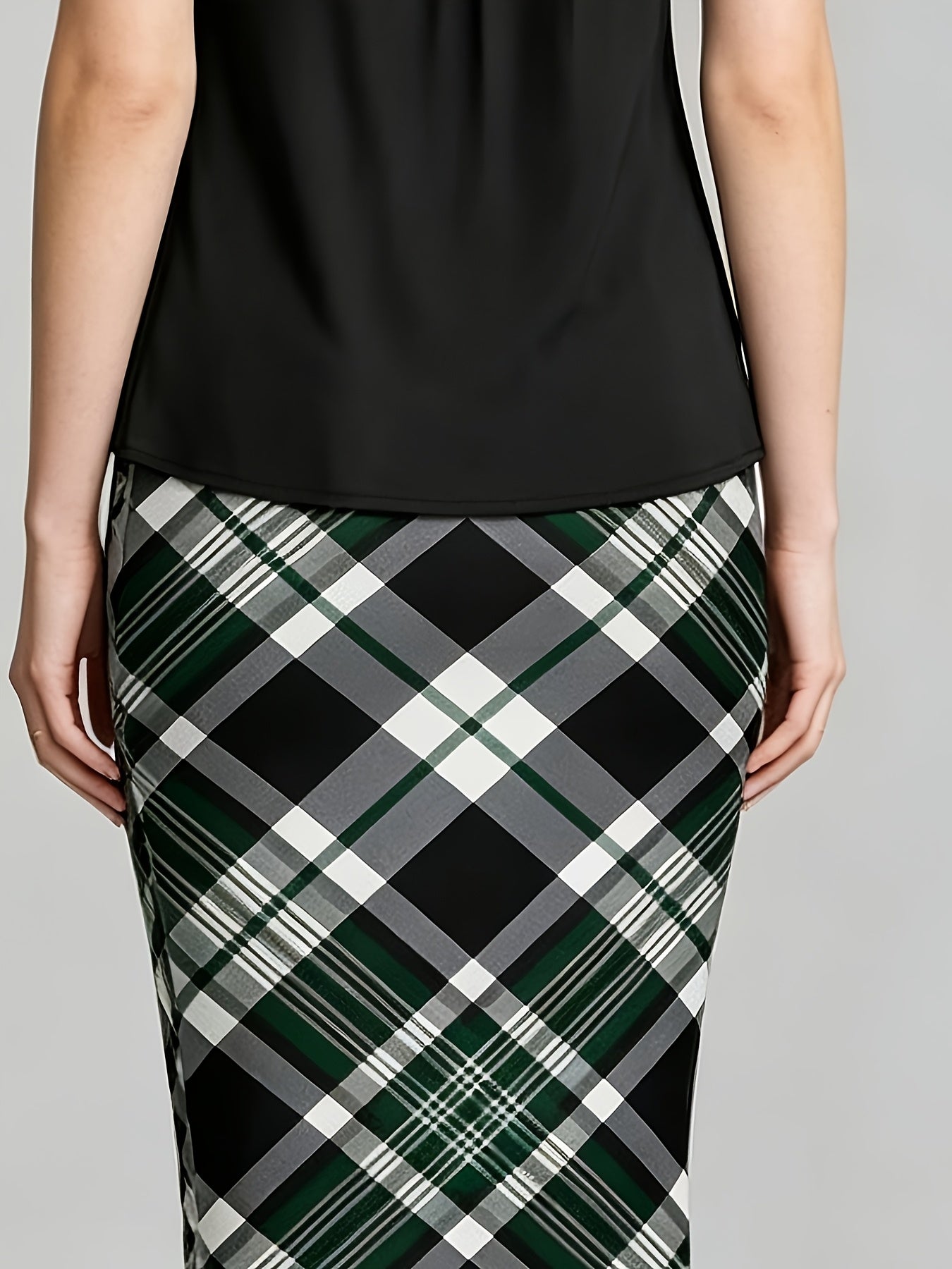 Women'S Retro Irregular Hem Three-Quarter Sleeve Cardigan + Black Camisole and Plaid Bodycon Skirt Three-Piece Set - Spring/Autumn Commuter and Party Outfit