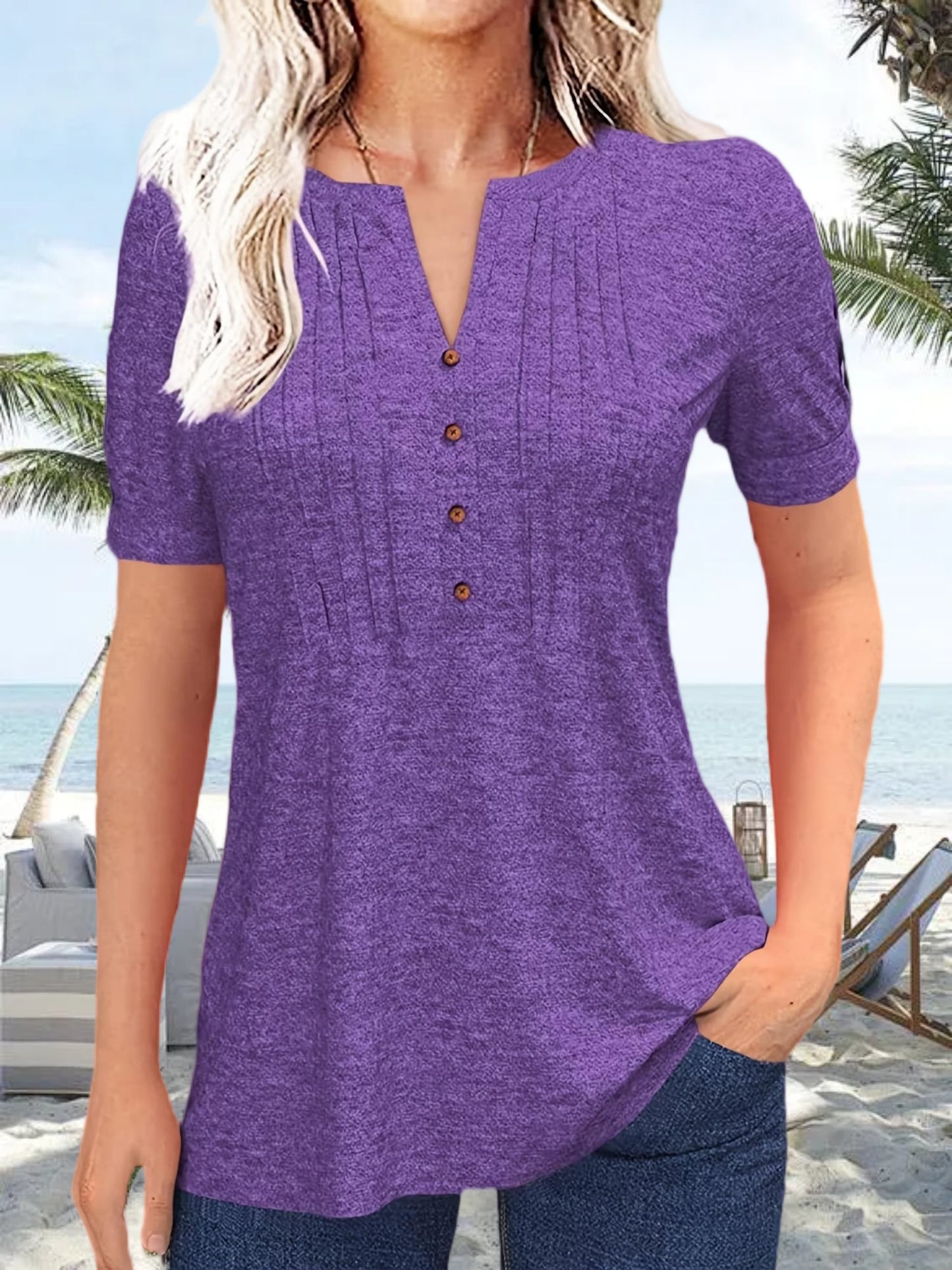 Women's Hot-selling Summer Casual V-Neck Pleated Blouse Short Sleeve Button-Up Solid Color Top