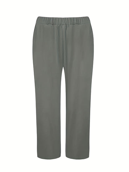 2025 New Stylish Women'S Solid Color Two-Piece Outfit - Crew Neck Blouse & Loose-Fitting Trousers, Stretchable Mix, Washable in Machine - Ideal for Spring And Autumn