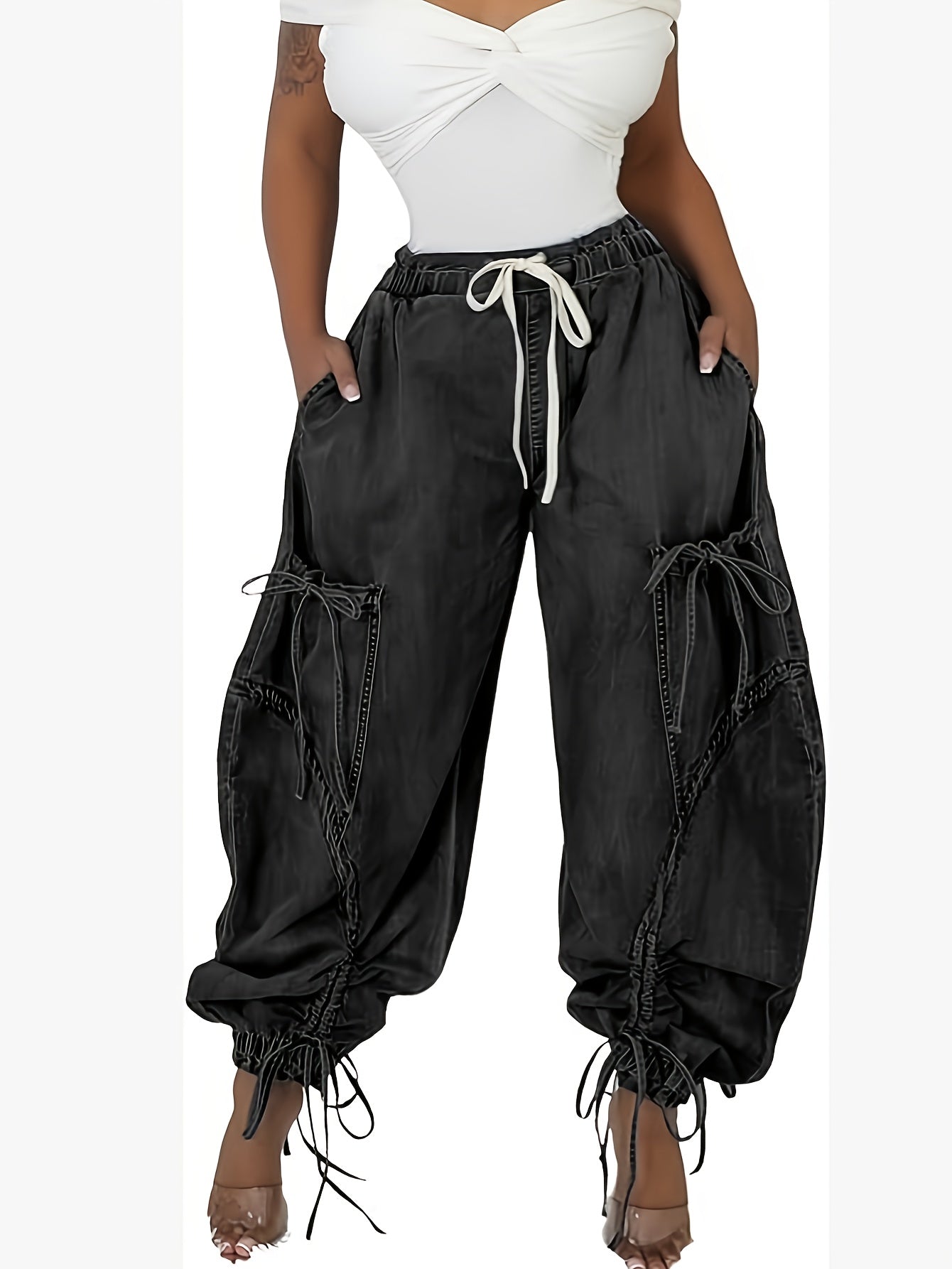 Women's Loose Jeans Women's Fashion Drawstring Lace-up Elastic Waist Jeans, Suitable for Daily Wear, All-season Casual Street Clothes,